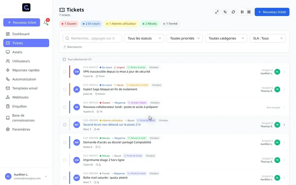 File de tickets de support avec statuts, priorités, échéances et agent assigné