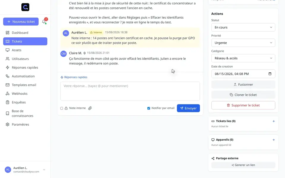 Tableau Kanban des demandes de support réparties par colonne de statut