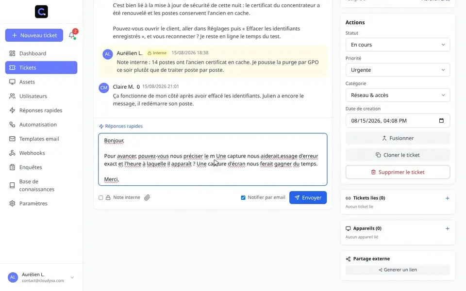 Tableau de bord de pilotage du support : volumes, temps de première réponse et demandes à risque de dépassement