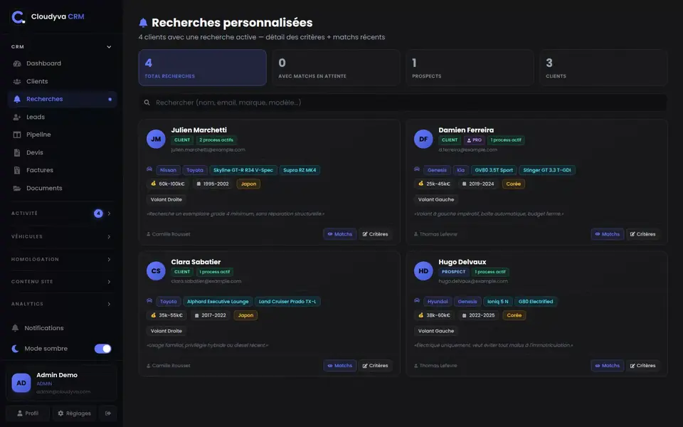 Fiches de recherche client : marques, modèles, budget, années et position du volant souhaités
