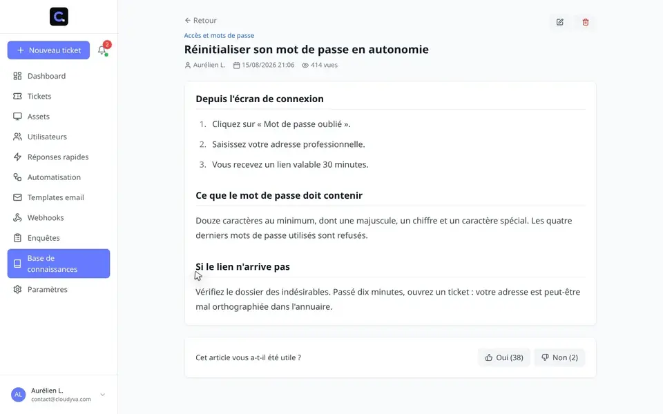 Liste de règles d'automatisation du support, chacune activable par un interrupteur